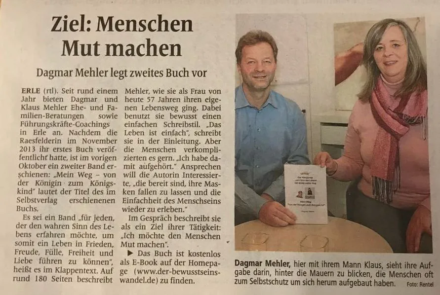 Zeitungsbericht Ziel: Menschen Mut machen über das Buch von Dagmar Mehler