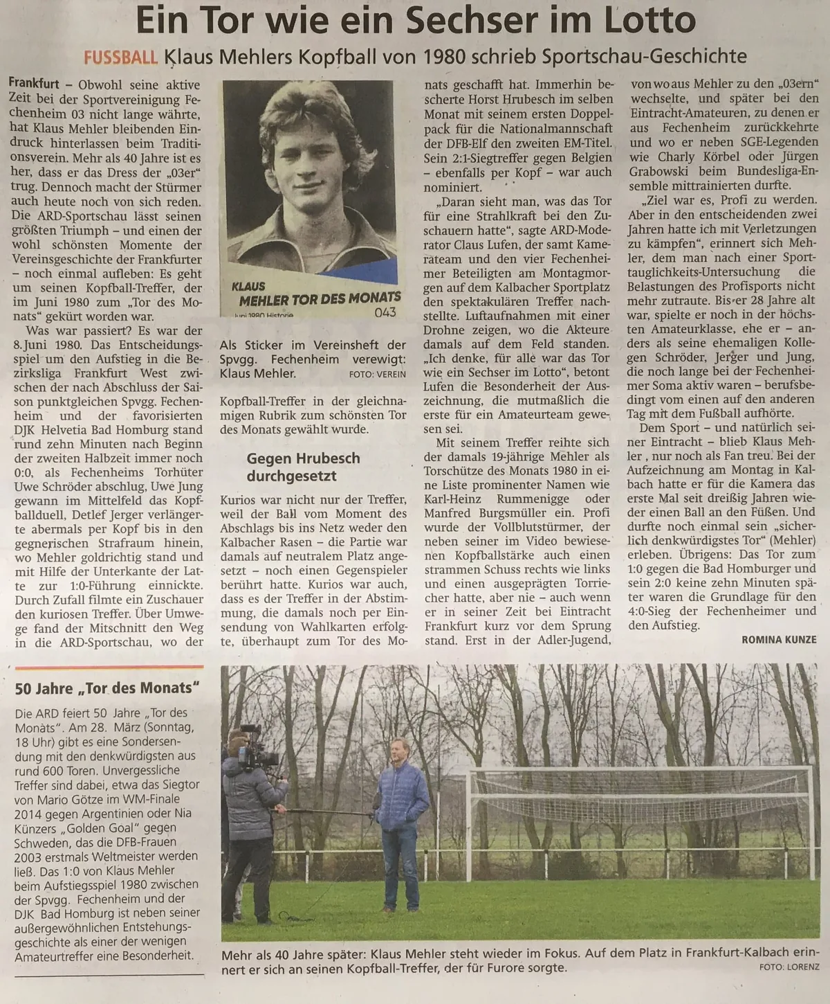 Zeitungsartikel der Frankfurter Neuen Presse über Klaus Mehler und das Tor des Monats