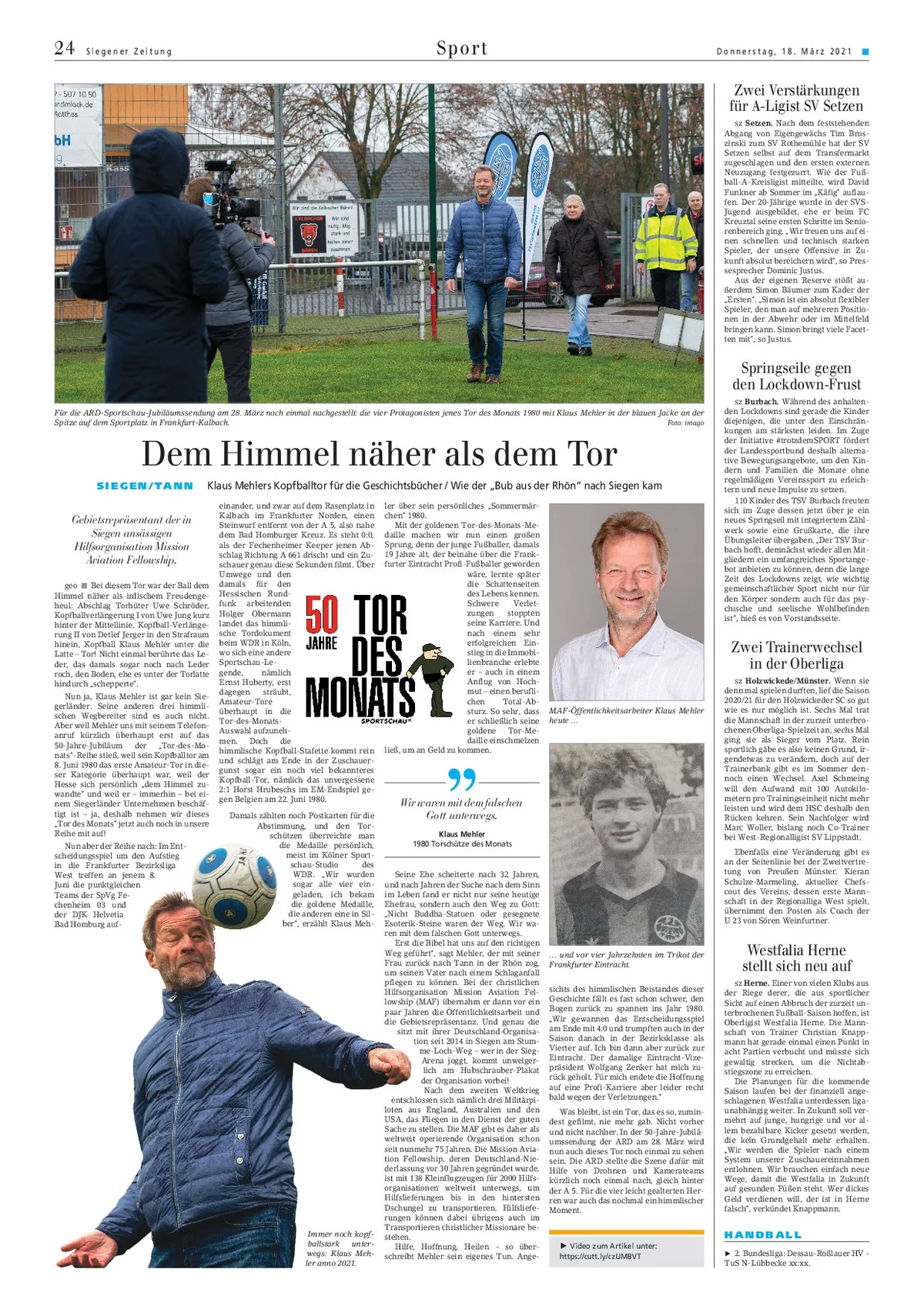 Zeitungsartikel der Siegener Zeitung über Klaus Mehler und das Tor des Monats